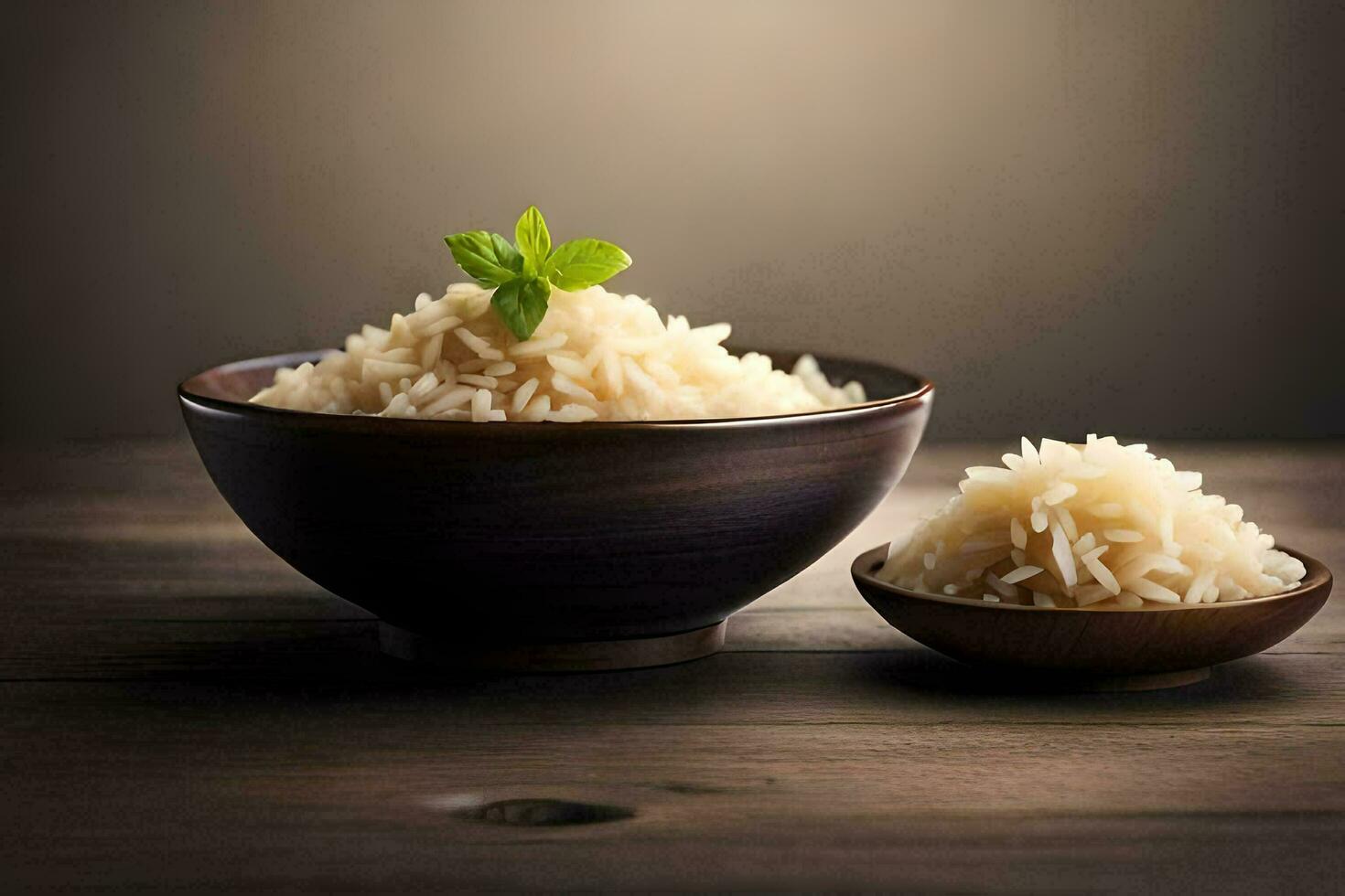 the rice is cooked in a bowl and the bowl is placed on a wooden table. AI-Generated photo