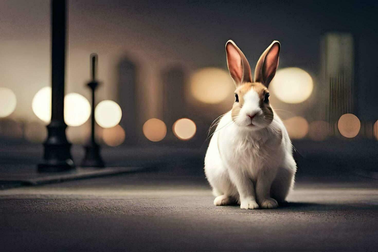 a rabbit sitting on the street at night. AI-Generated photo