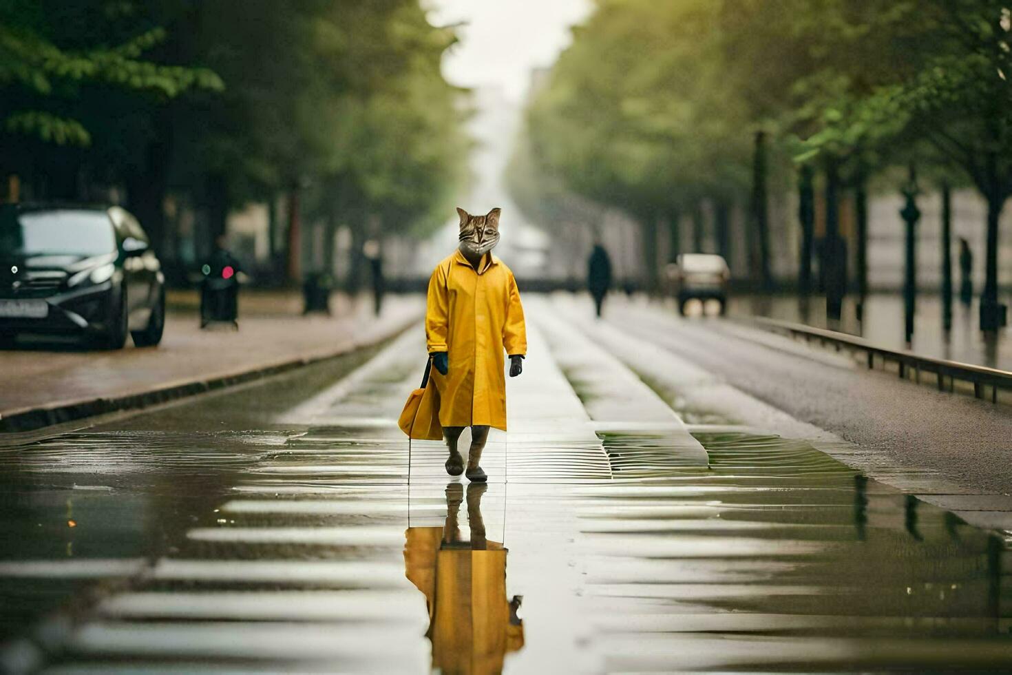 a fox in a yellow raincoat walking down a street. AI-Generated photo