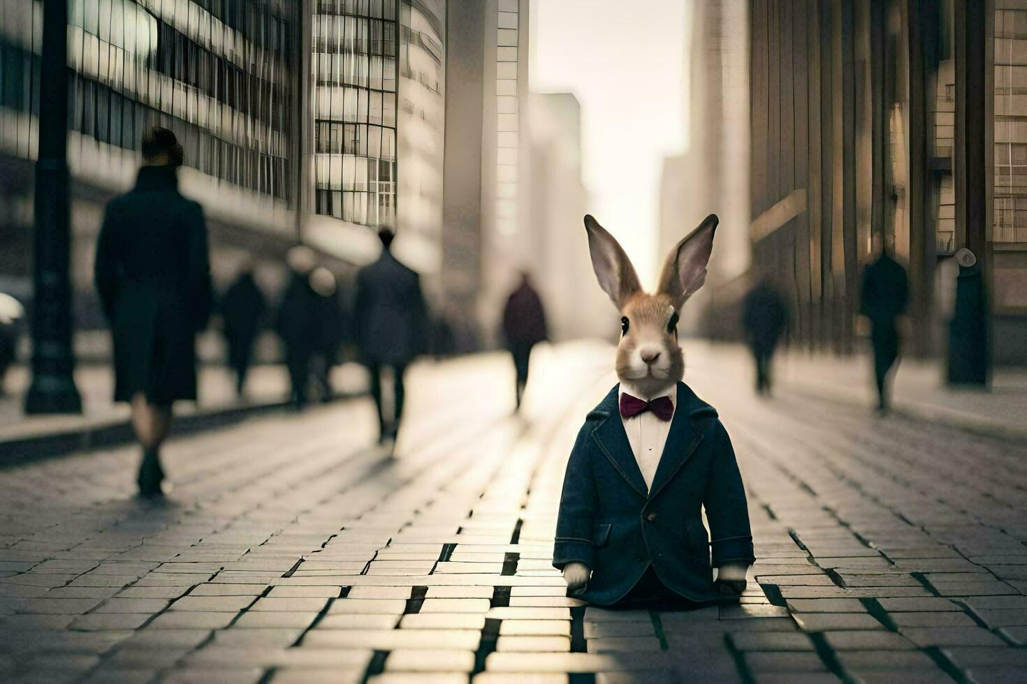 a rabbit wearing a suit and tie standing on a street. AI-Generated photo