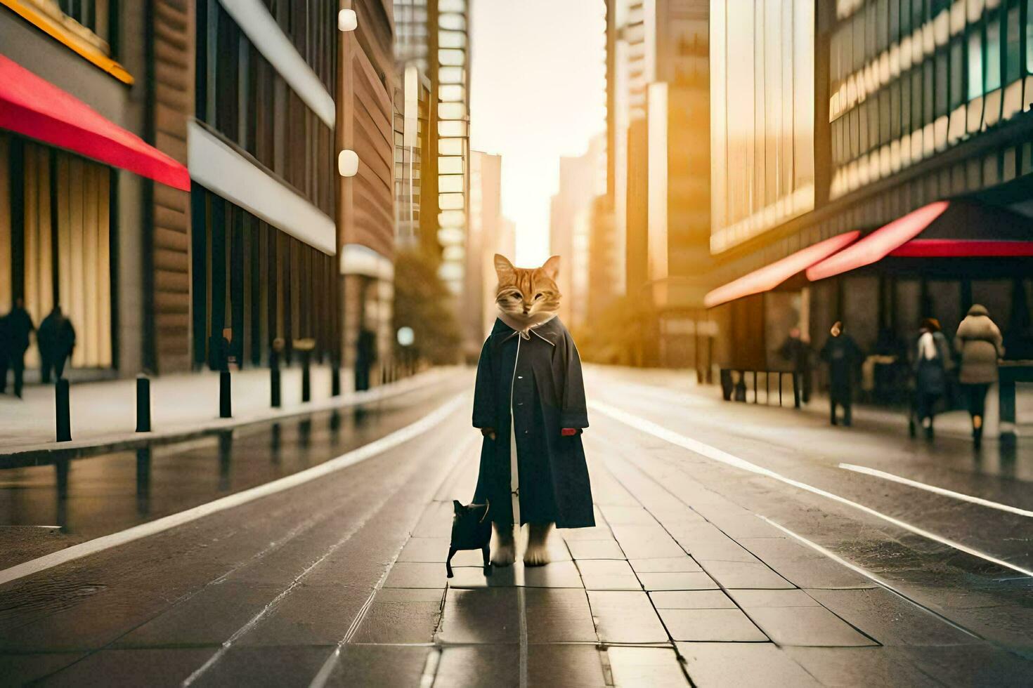 un zorro en un Saco en pie en el medio de un ciudad calle. generado por ai foto