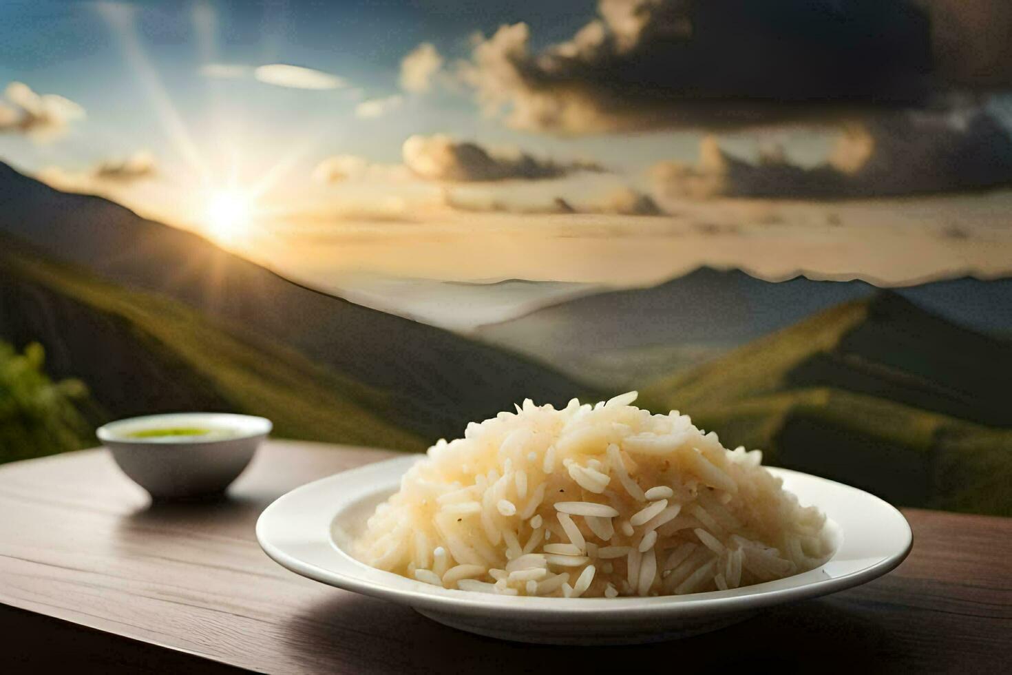 a plate of rice with a bowl of water on a table in front of a mountain view. AI-Generated photo