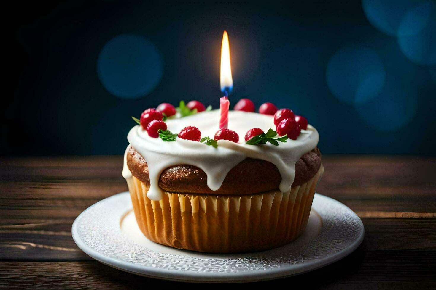 a cupcake with a lit candle on top. AI-Generated photo