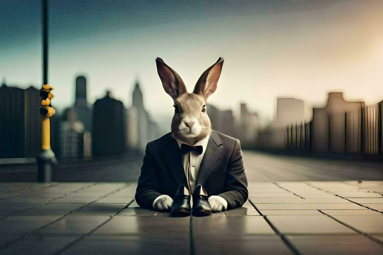 a rabbit in a suit and tie sitting on the ground. AI-Generated photo