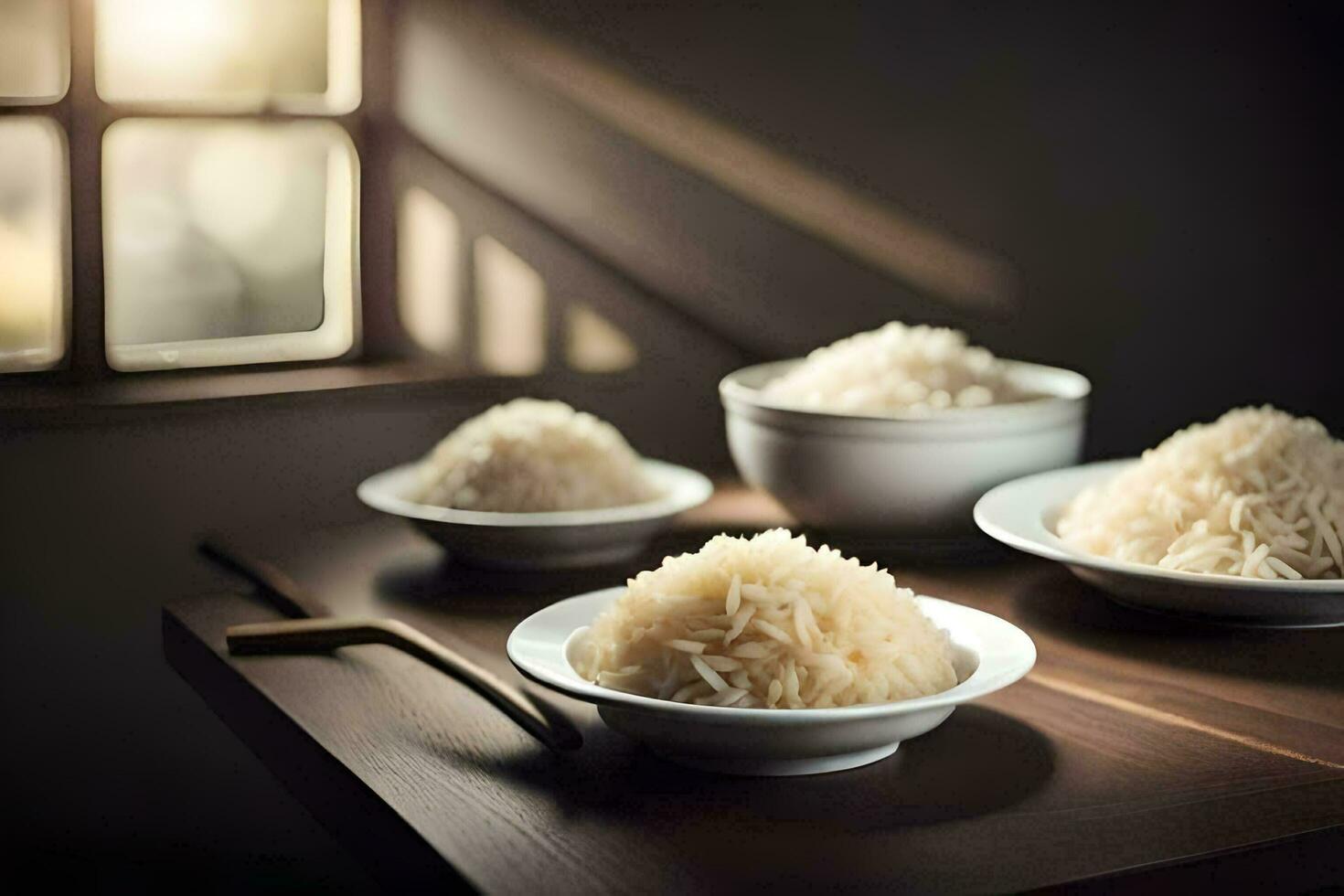 three bowls of rice sit on a table. AI-Generated photo