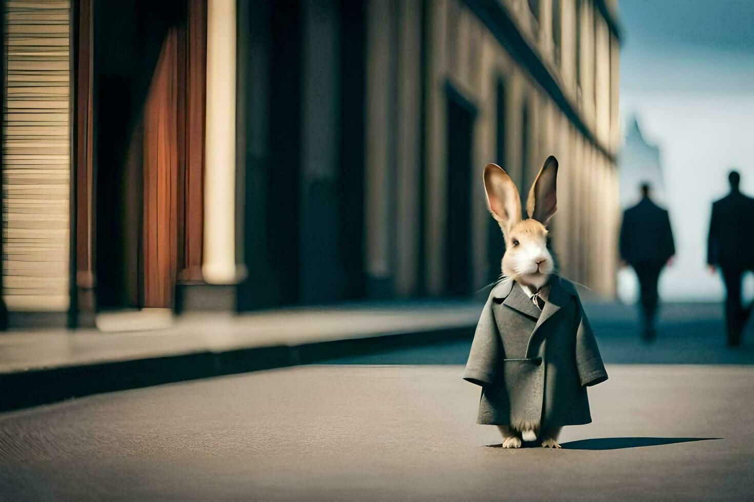 a rabbit dressed in a suit and tie standing on a street. AI-Generated photo
