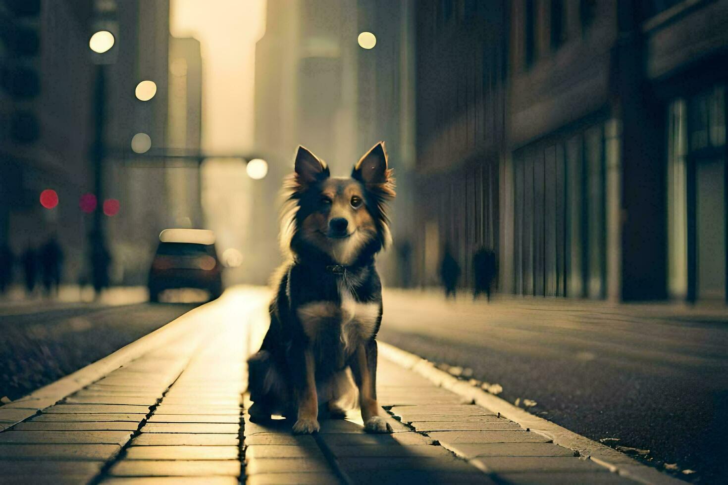 a dog sitting on the street in a city. AI-Generated photo