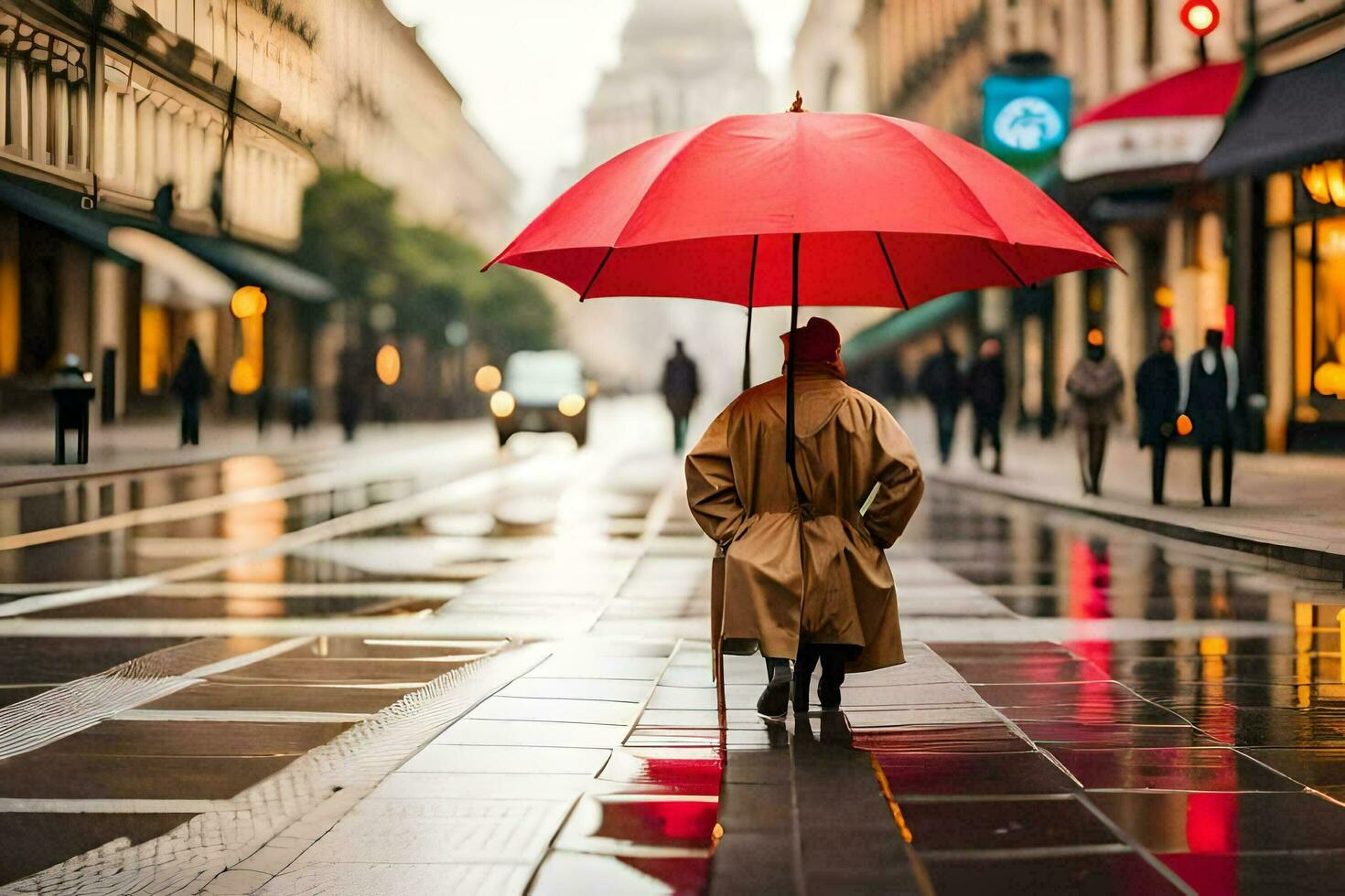 a person walking down a street with an umbrella. AI-Generated photo