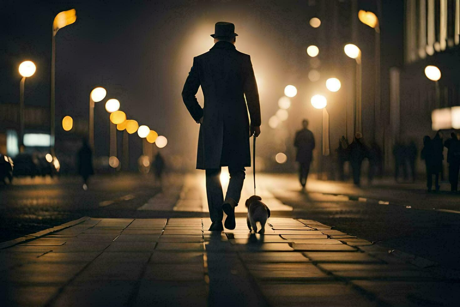 a man in a top hat and coat walks his dog down a city street at night. AI-Generated photo
