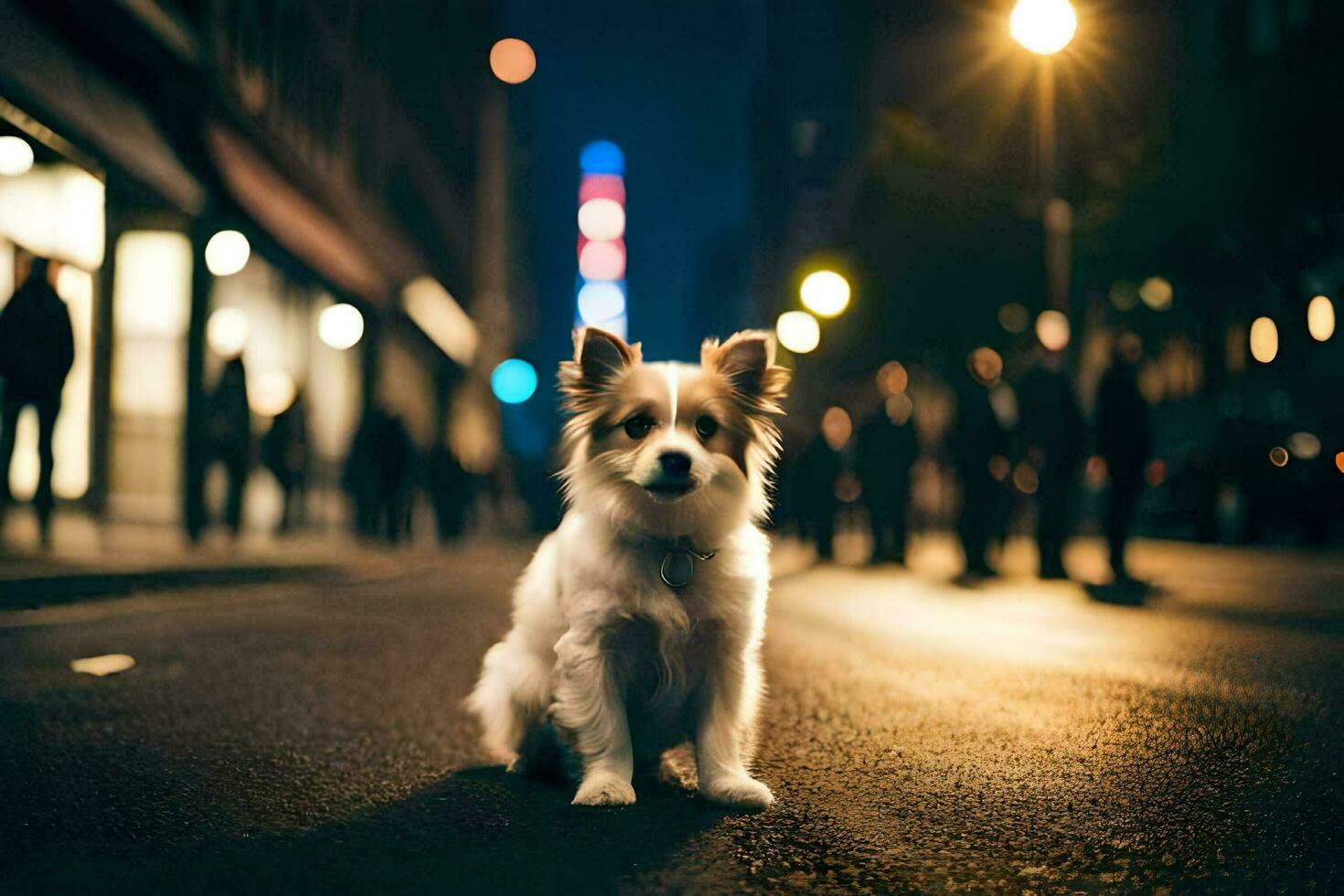 un perro sentado en el calle a noche. generado por ai foto