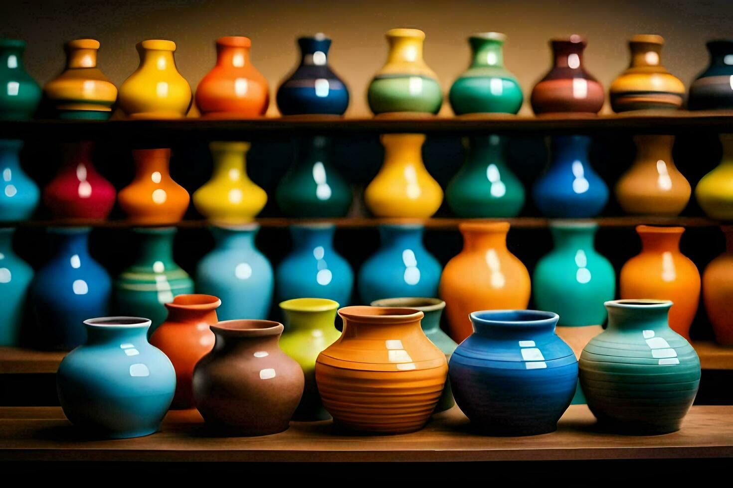 a row of colorful vases on a shelf. AI-Generated photo