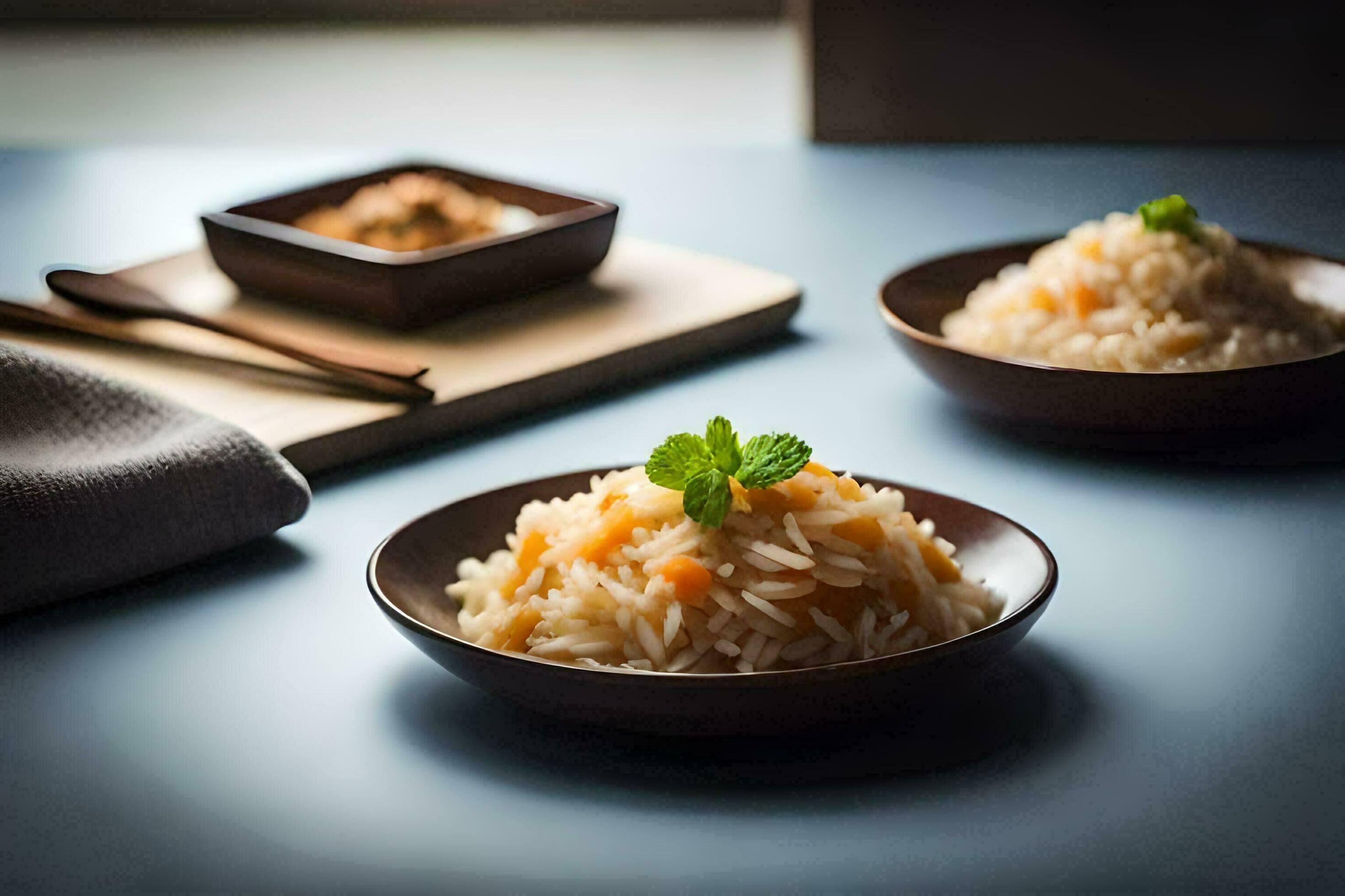 two bowls of rice with a garnish of mint. AIGenerated 30265665 Stock