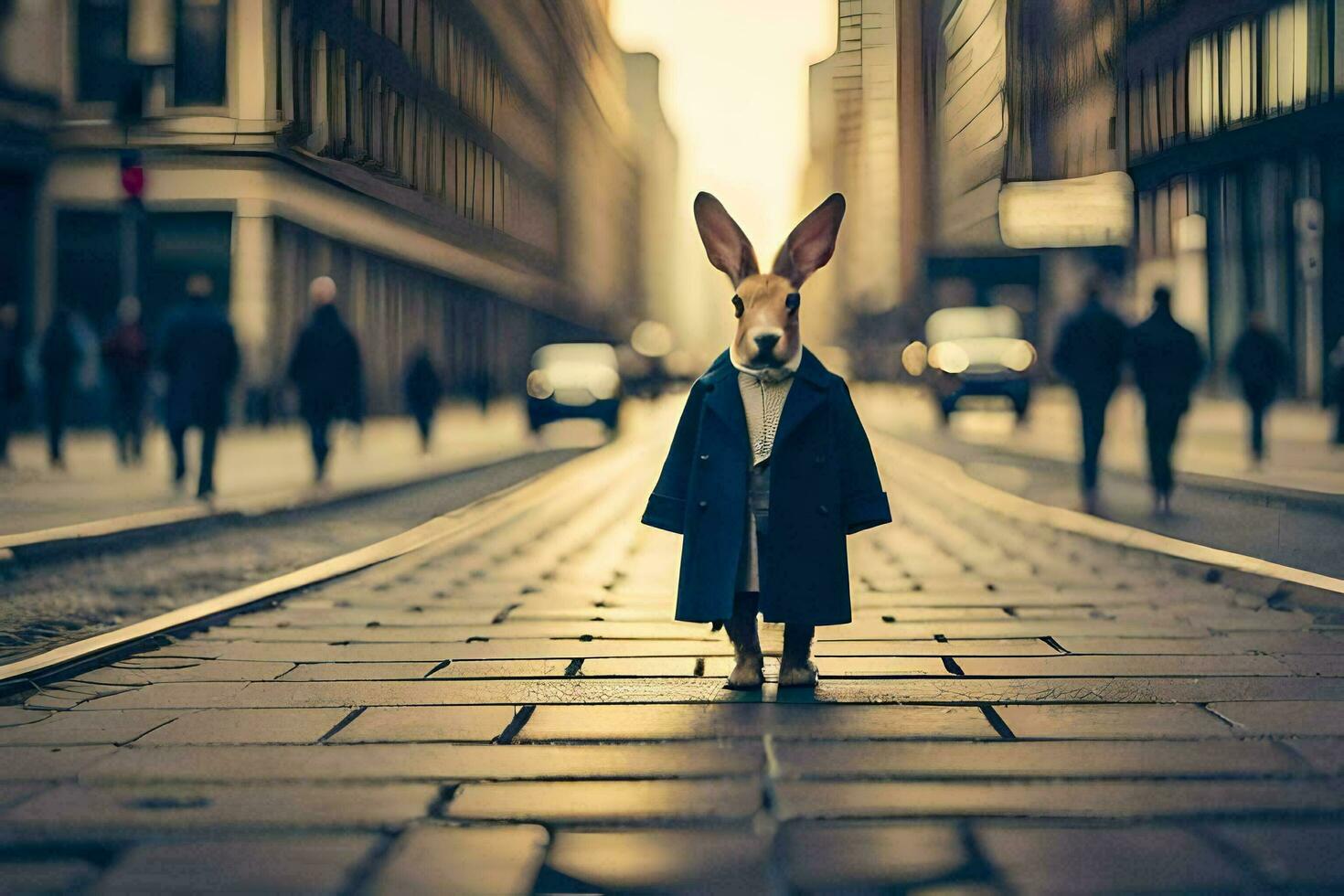 a rabbit wearing a coat and tie standing on a street. AI-Generated photo