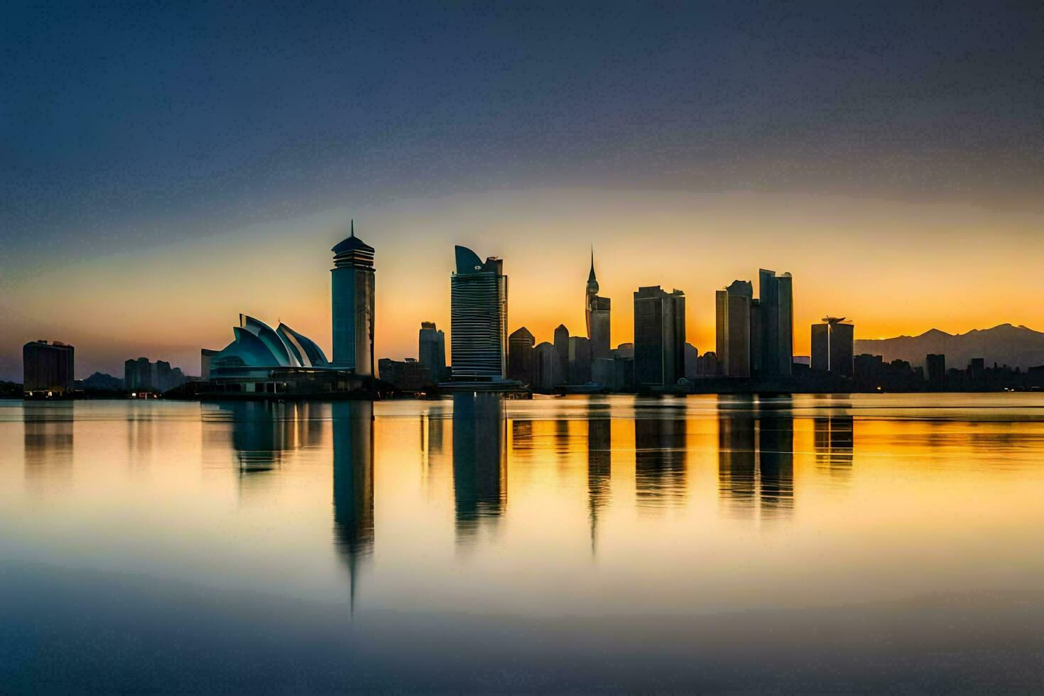 the city skyline is reflected in the water at sunset. AI-Generated photo