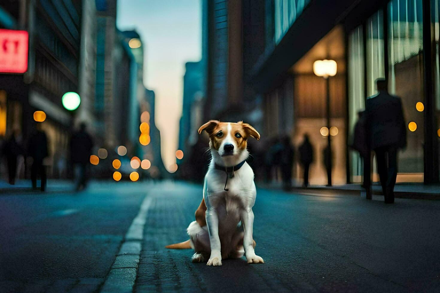 a dog sitting on the street in the middle of a city. AI-Generated photo