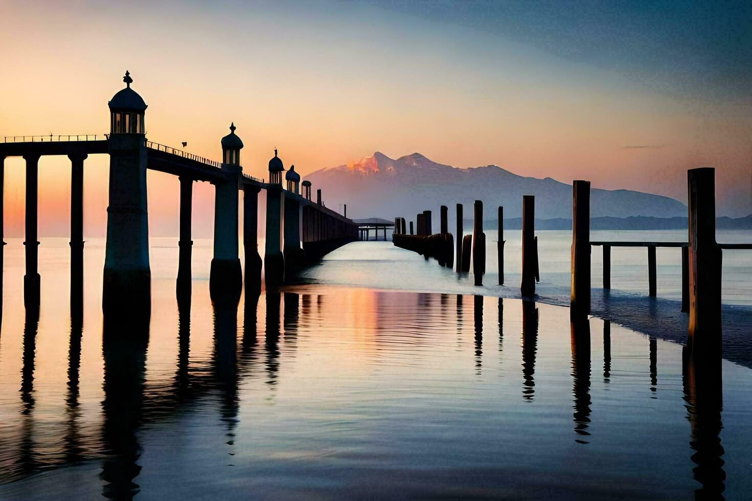 a pier with a mountain in the background. AI-Generated photo