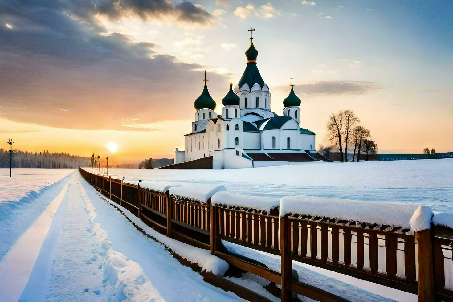 a church in the snow with a wooden fence. AI-Generated photo