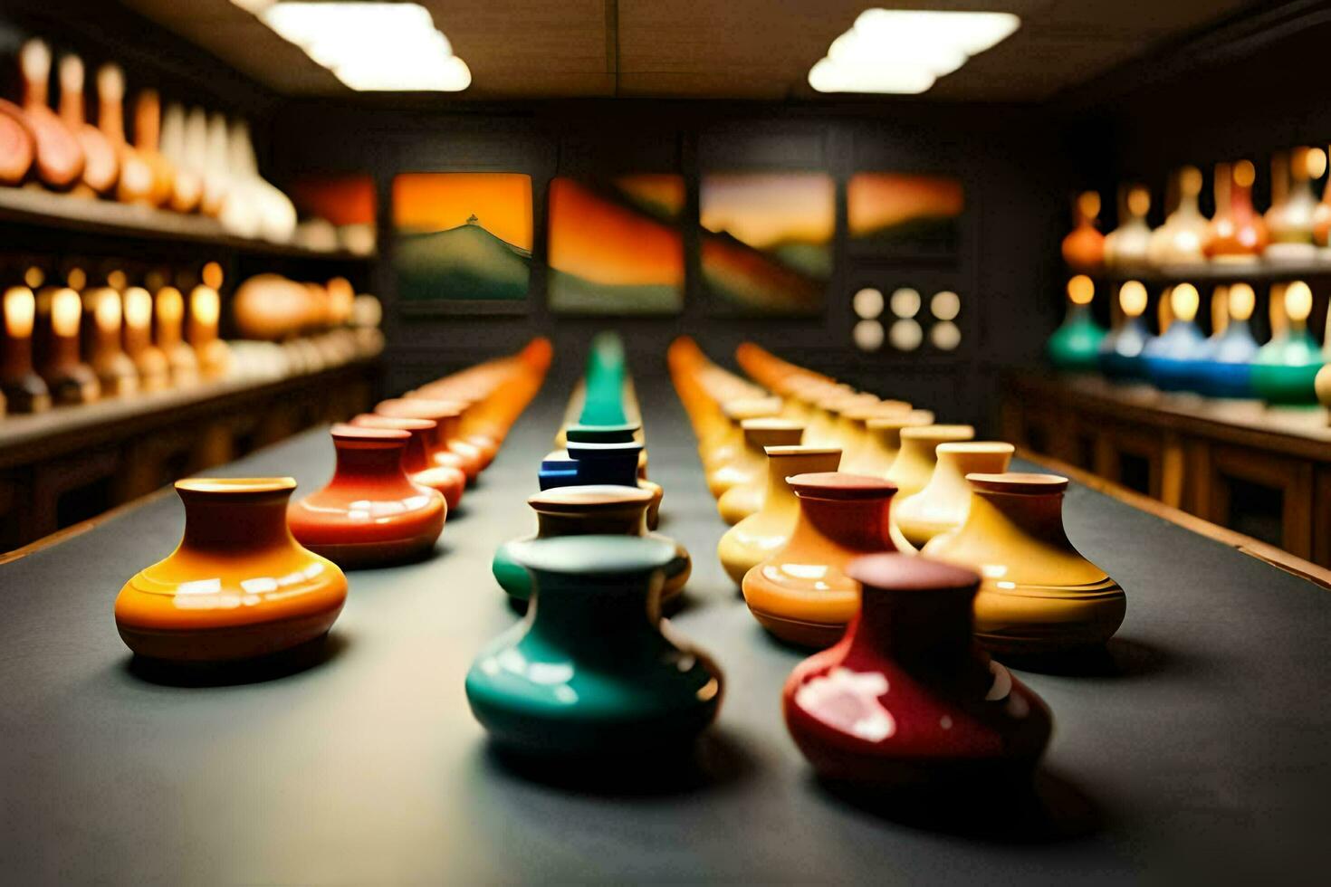 a row of colorful vases on a table. AI-Generated photo