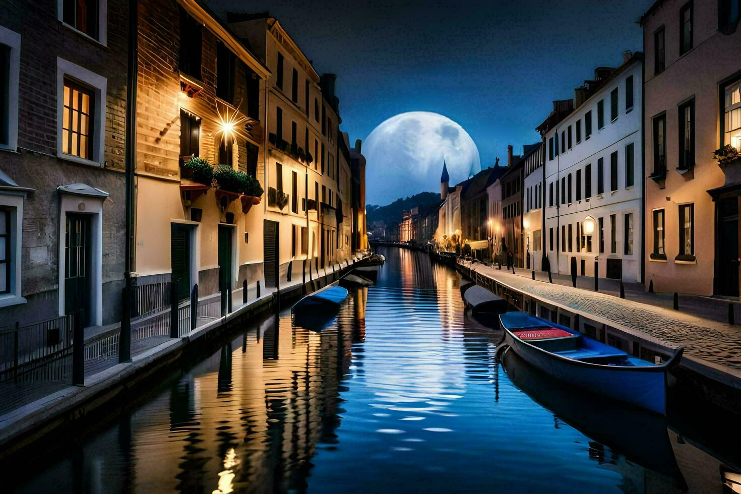 a canal with boats and a full moon in the sky. AI-Generated photo