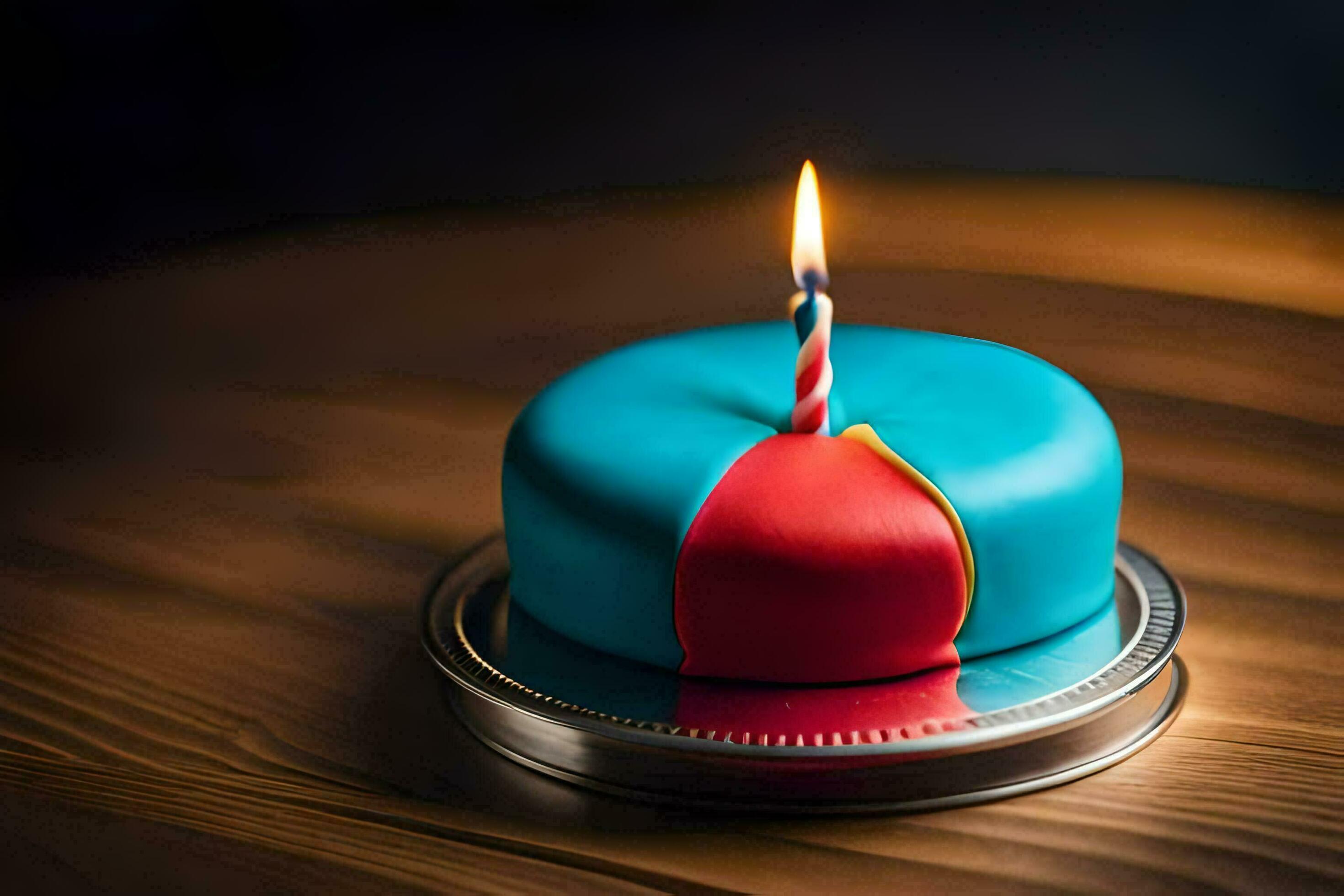 a blue and red birthday cake with a lit candle. AI-Generated 30265811