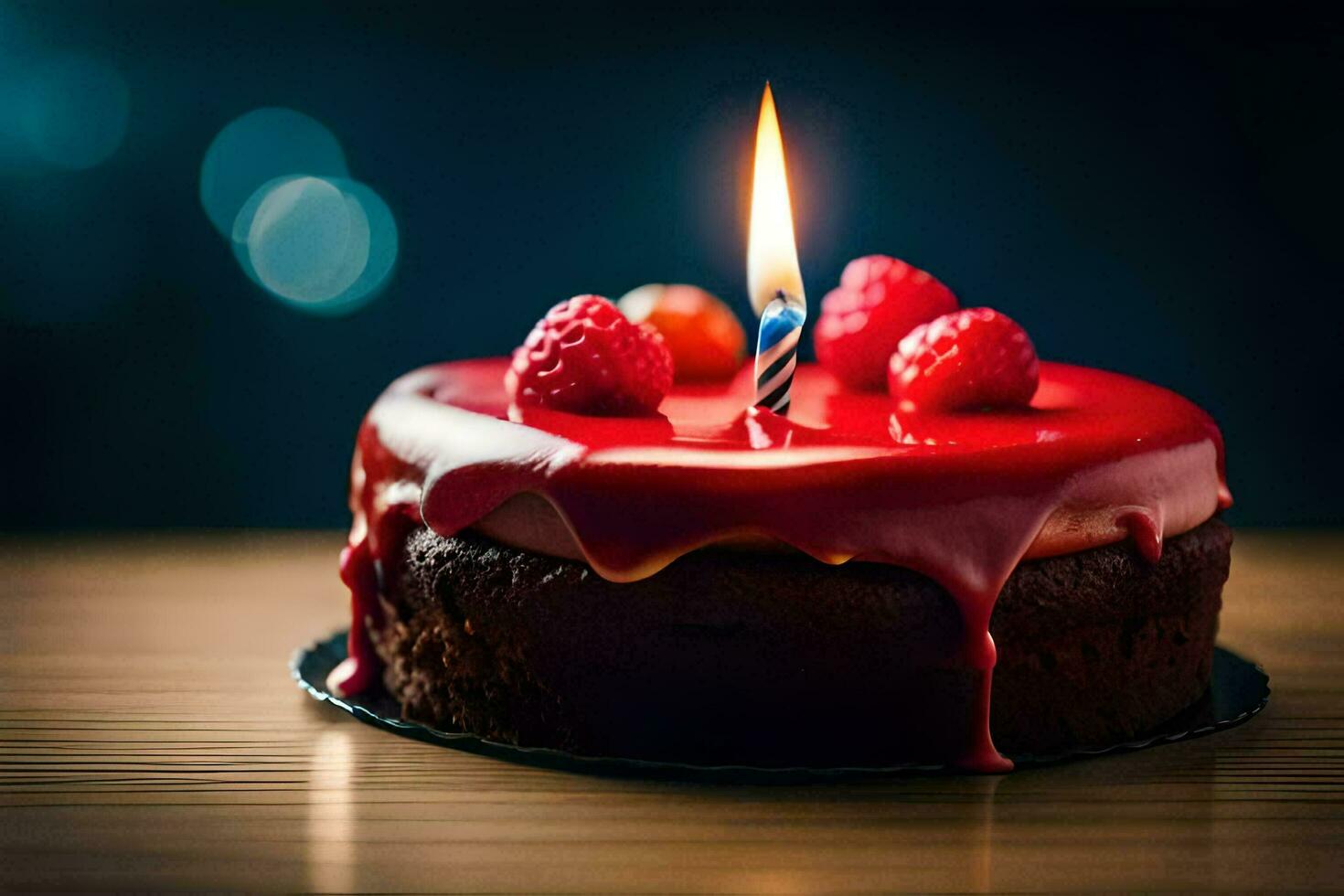 a birthday cake with a lit candle. AI-Generated photo