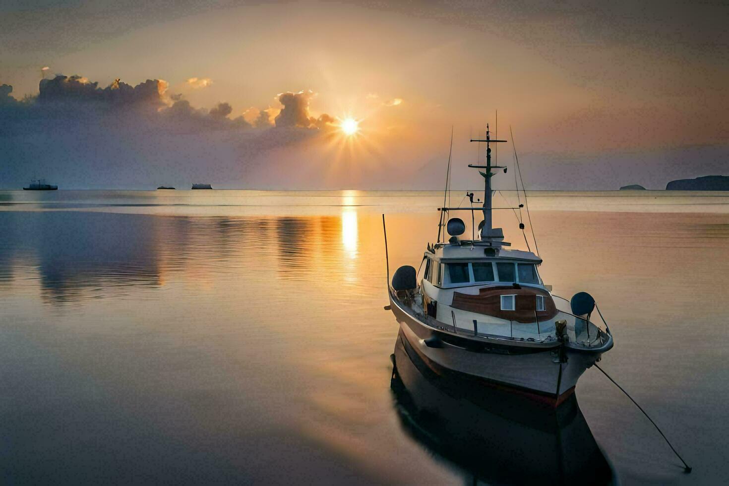 a boat is docked at sunset on the water. AI-Generated photo