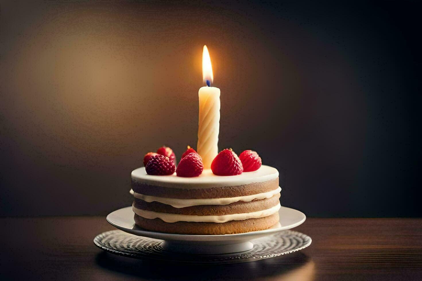 a birthday cake with a single candle. AI-Generated photo