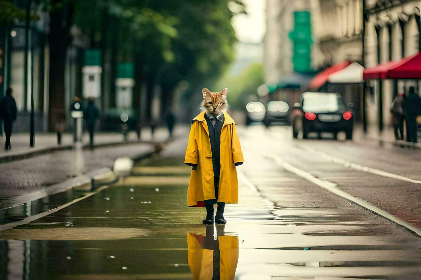a fox in a yellow coat standing on a wet street. AI-Generated photo