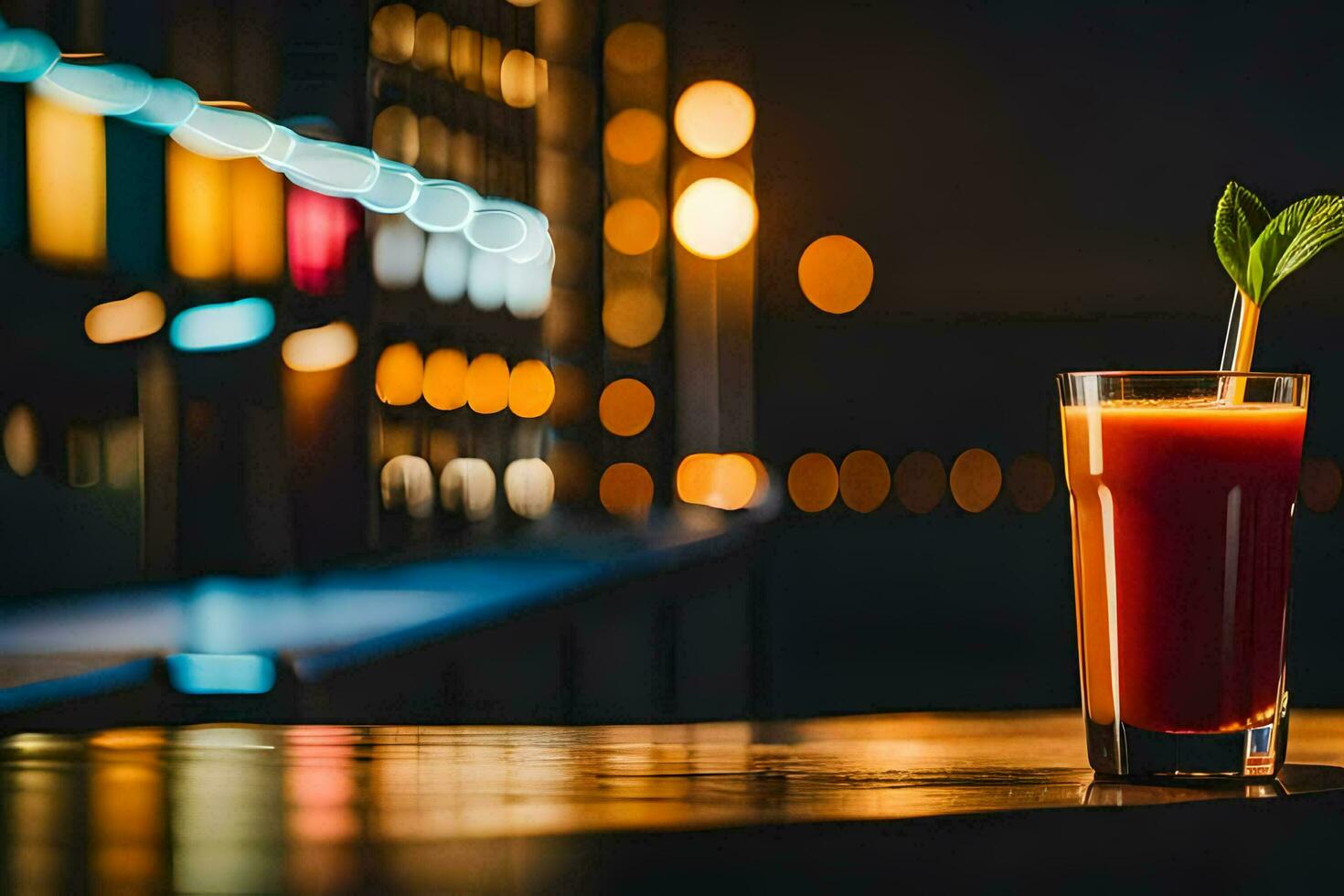 a glass of red juice sitting on a table in front of a city skyline. AI-Generated photo