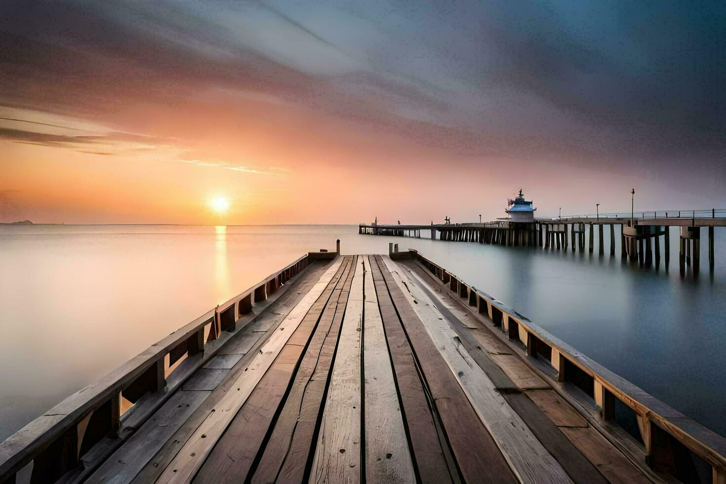 a long exposure photograph of a pier at sunset. AI-Generated photo