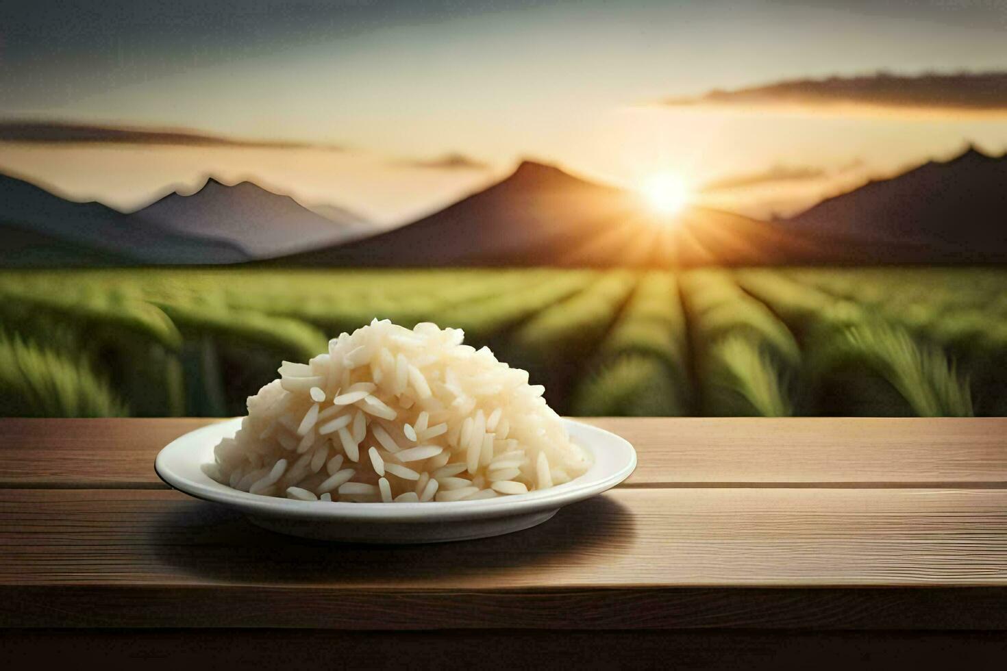 rice in a bowl on a table in front of rice field. AI-Generated photo