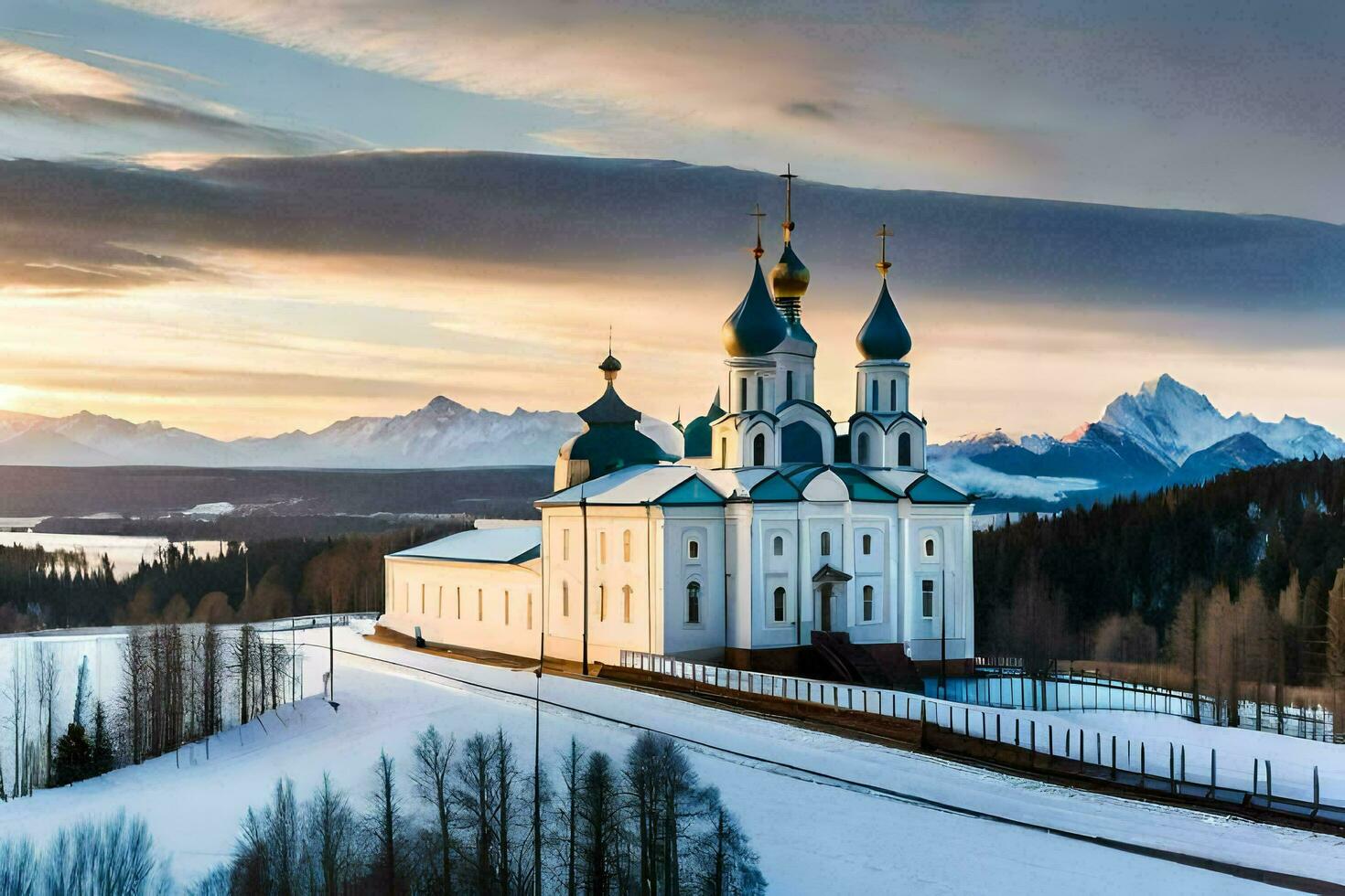 un Iglesia en el nieve con montañas en el antecedentes. generado por ai foto