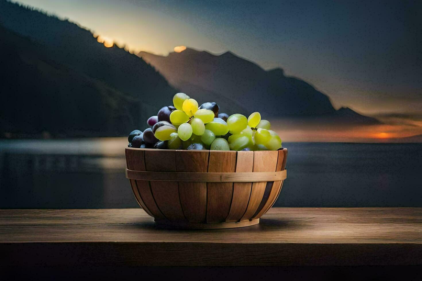 grapes in a basket on a wooden table with mountains in the background. AI-Generated photo