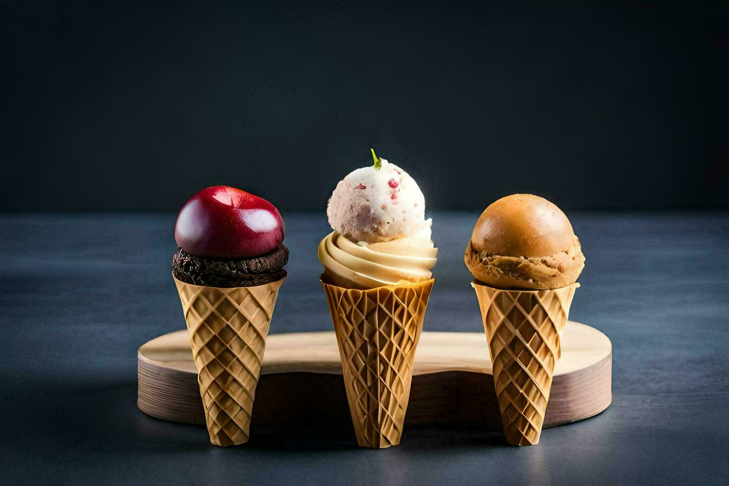 three ice cream cones with different flavors on a wooden stand. AI-Generated photo