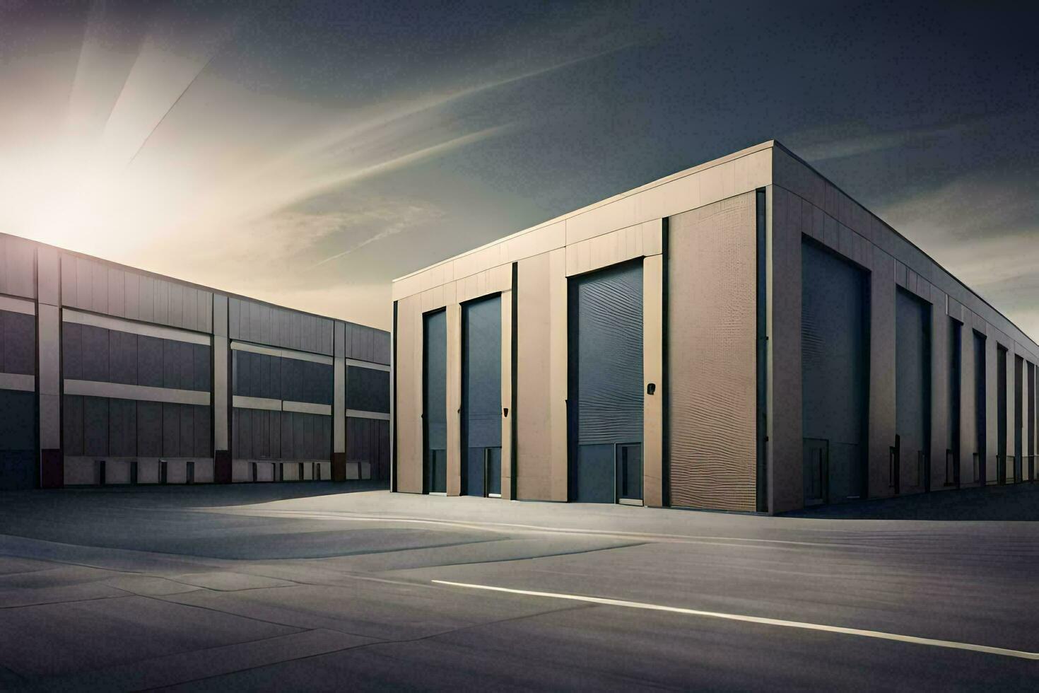 a large warehouse building with a sun shining in the background. AI-Generated photo