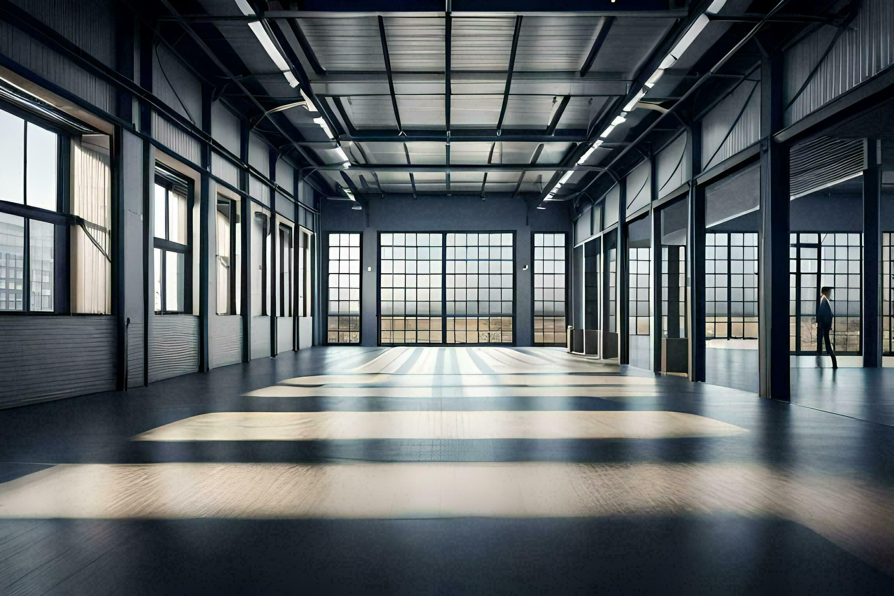 an empty warehouse with large windows and a large door. AI-Generated