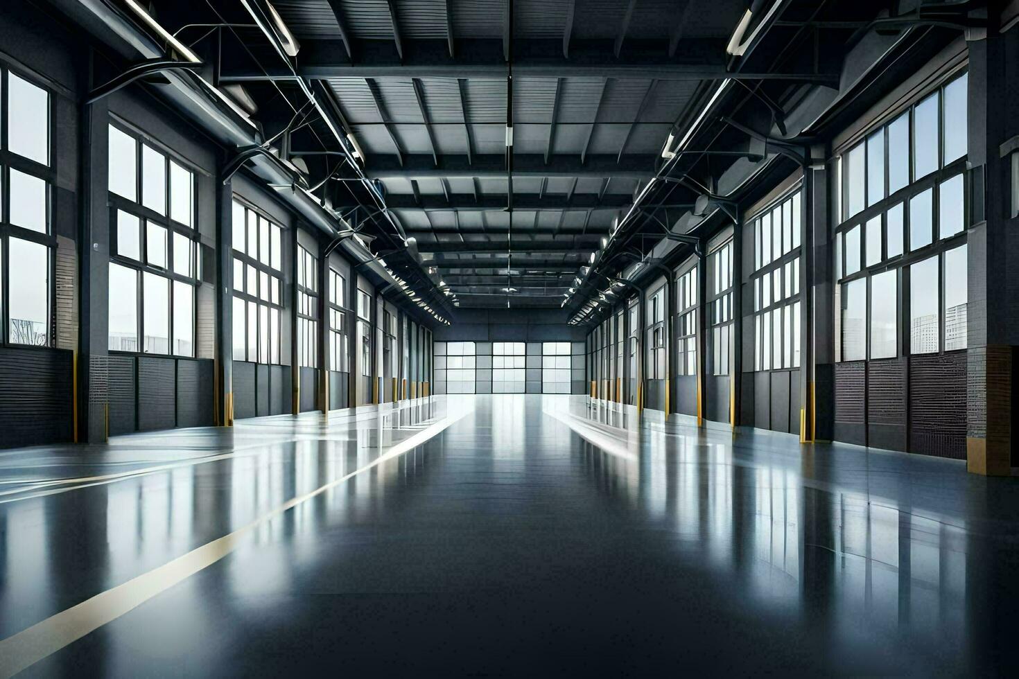 an empty warehouse with large windows and lots of light. AI-Generated photo