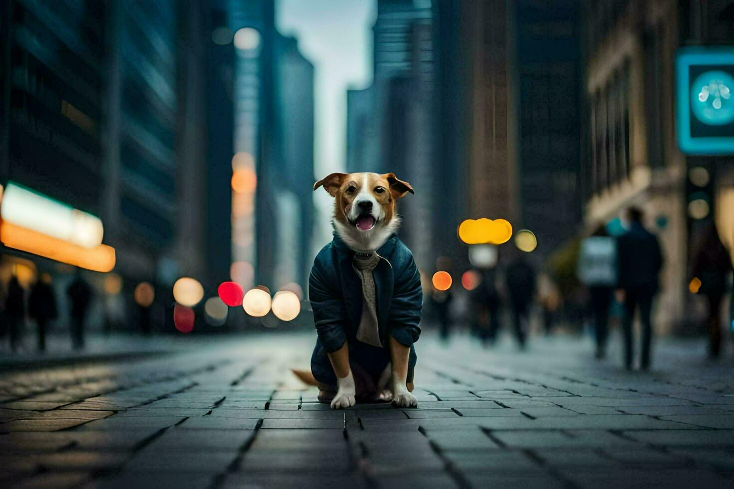 a dog sitting on the street in a city. AI-Generated photo