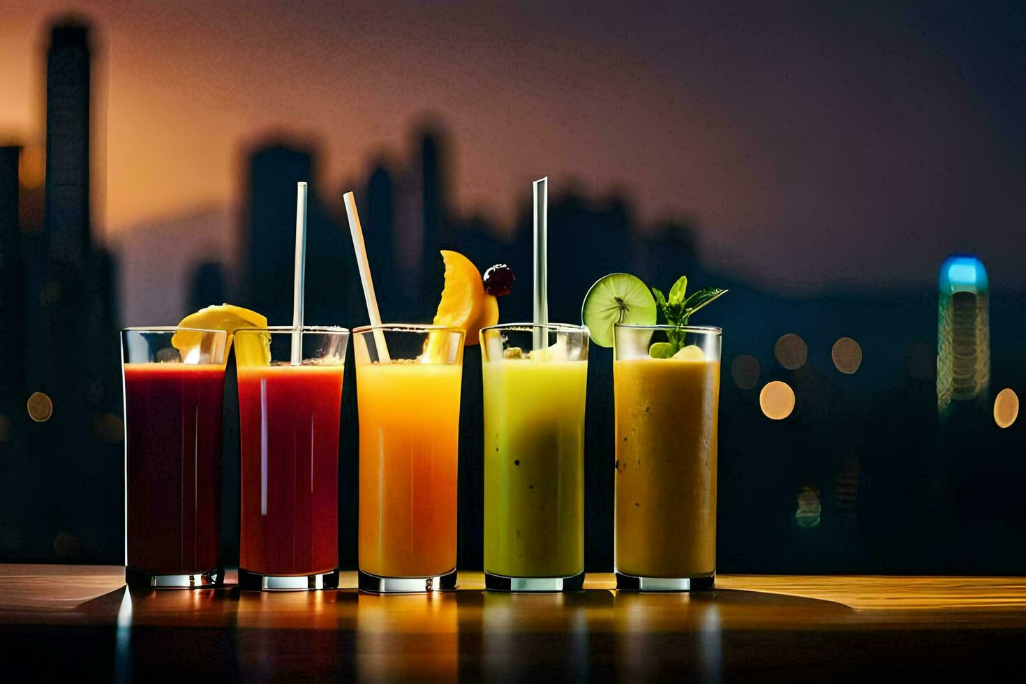 cinco diferente bebidas en lentes en un mesa con ciudad luces en el antecedentes. generado por ai foto