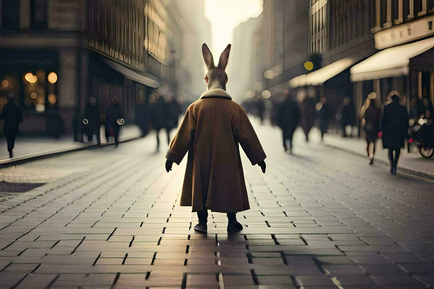a rabbit wearing a coat and hat is walking down a street. AI-Generated photo