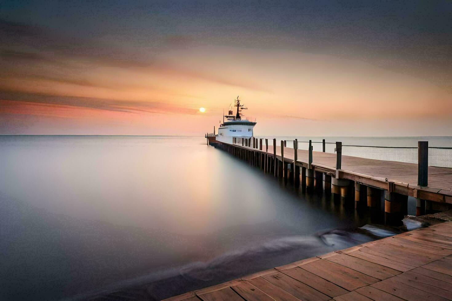 a long exposure photograph of a dock at sunset. AI-Generated photo
