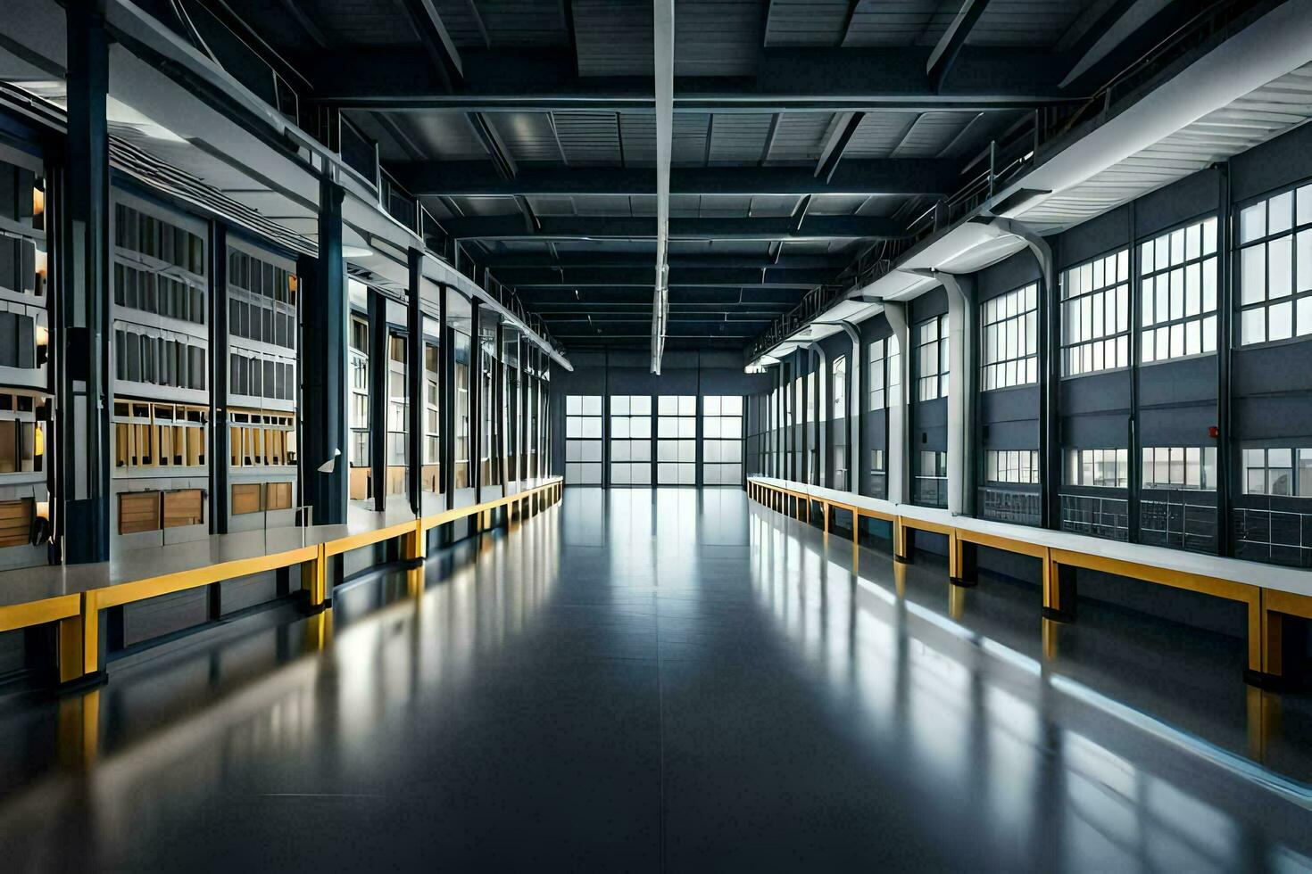 an empty warehouse with rows of shelves. AI-Generated photo