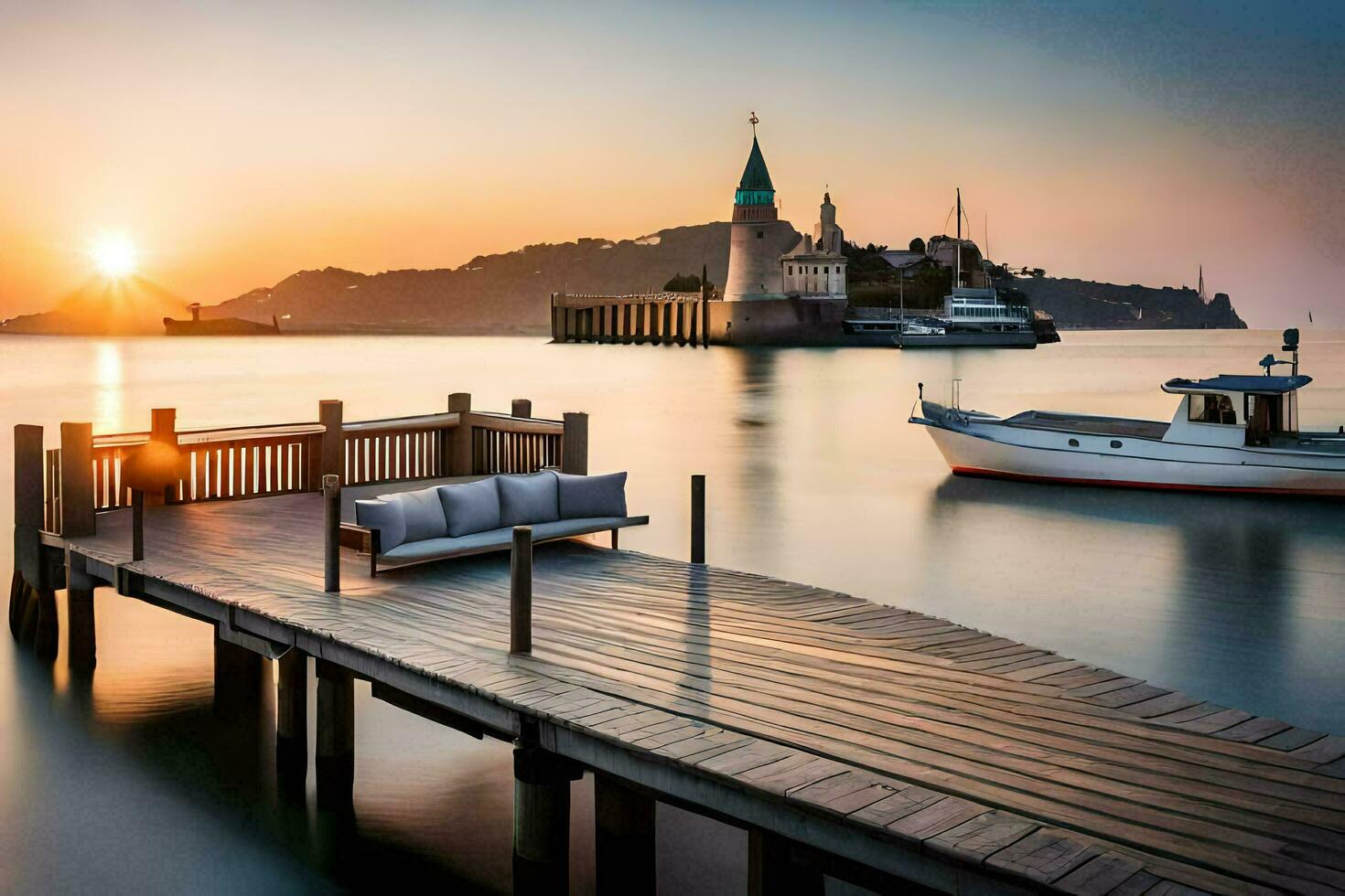 a boat sits on the dock at sunset. AI-Generated photo