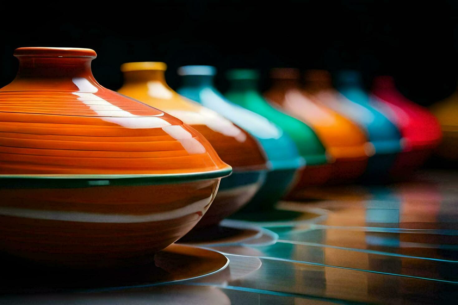 colorful vases lined up on a table. AI-Generated photo