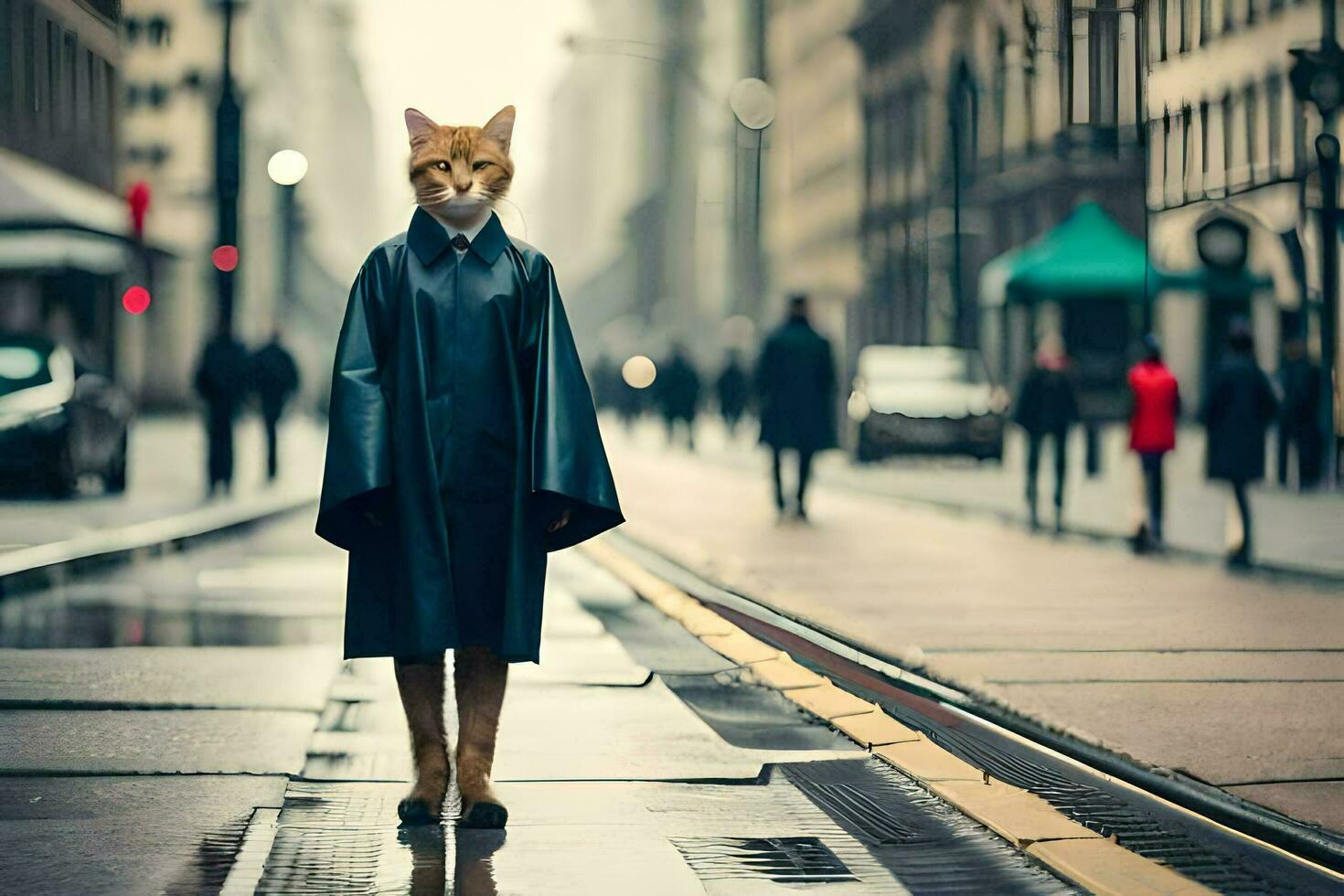 a cat dressed in a raincoat standing on a city street. AI-Generated photo