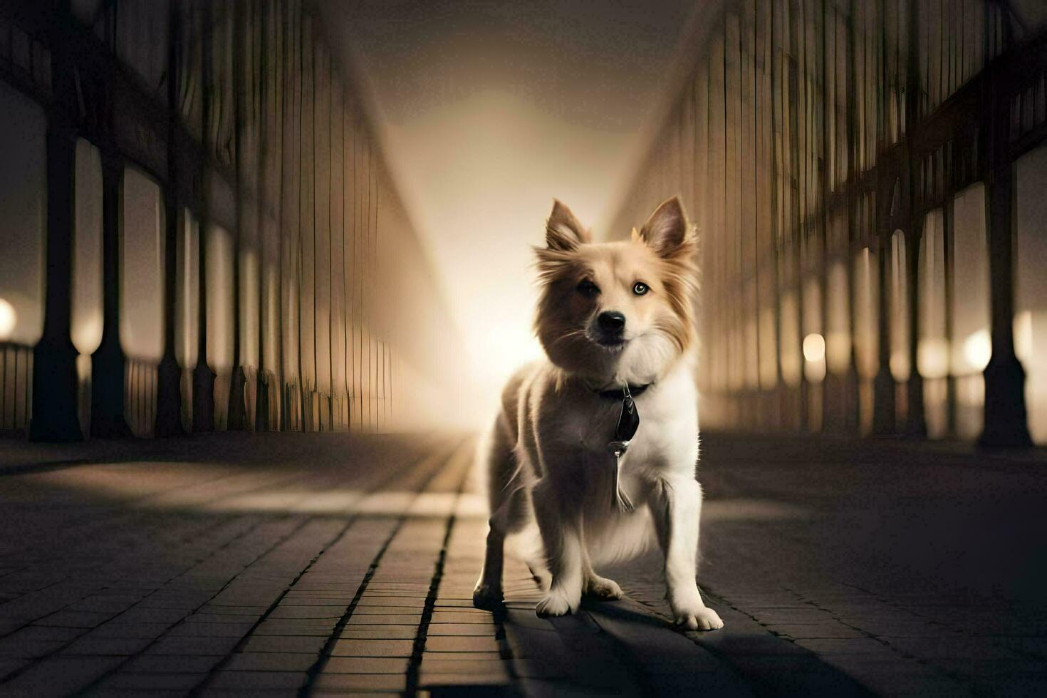 a dog standing on a bridge in the dark. AI-Generated photo