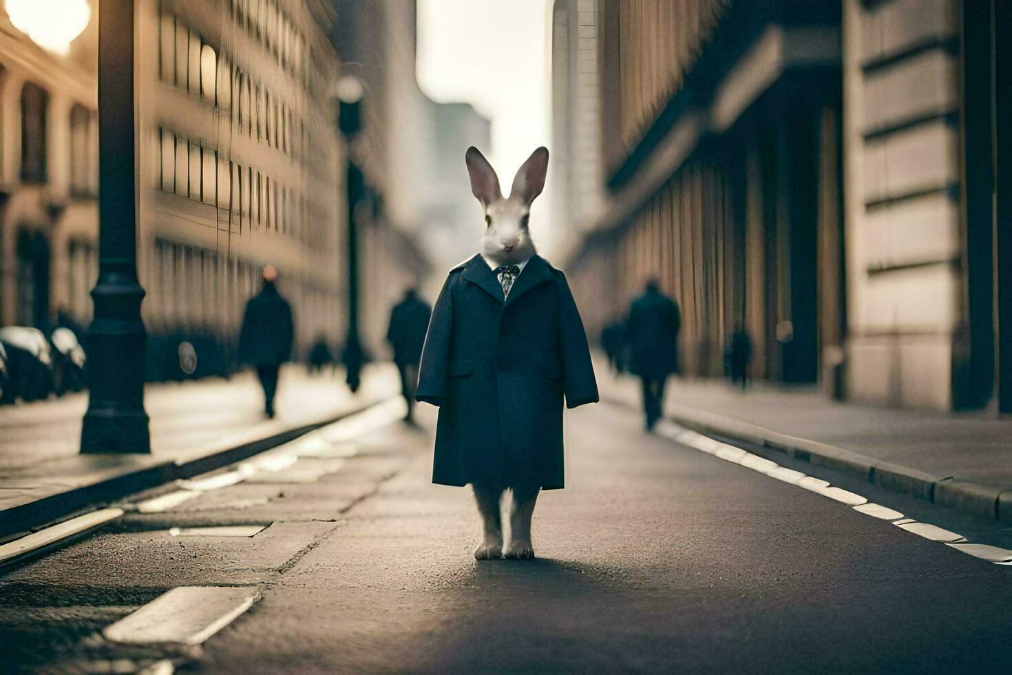 a rabbit wearing a suit and tie standing in the middle of a city street. AI-Generated photo