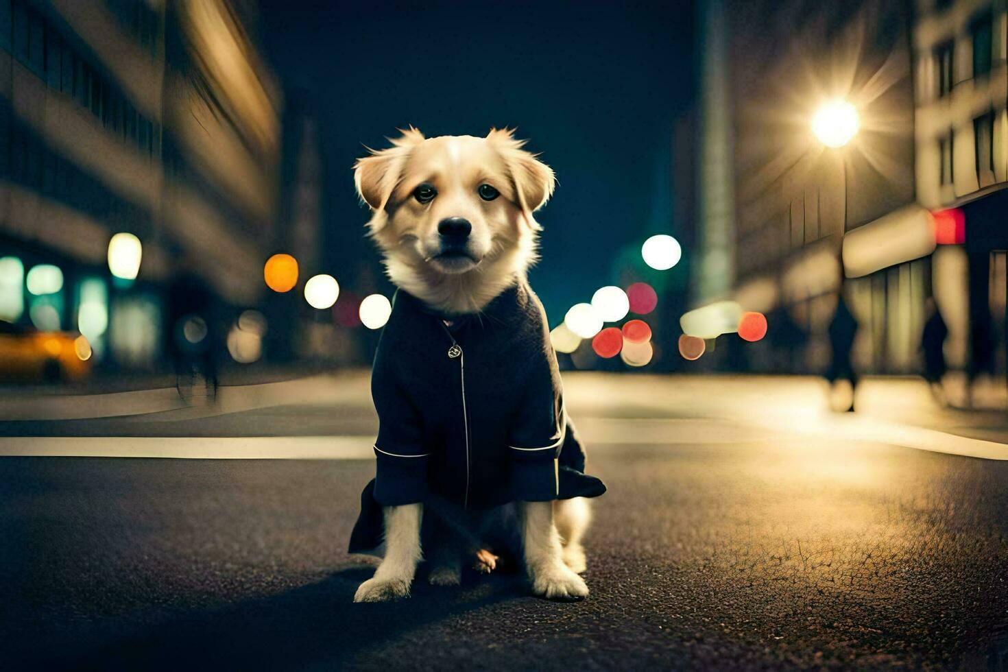a dog in a jacket sitting on the street at night. AI-Generated photo