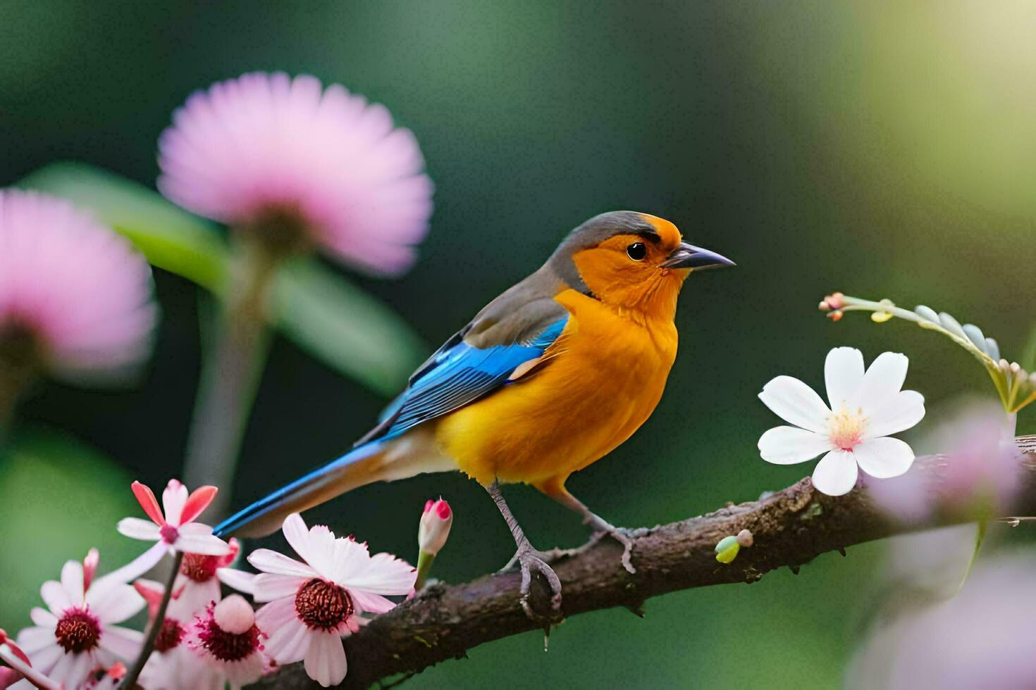 un vistoso pájaro se sienta en un rama con rosado flores generado por ai foto