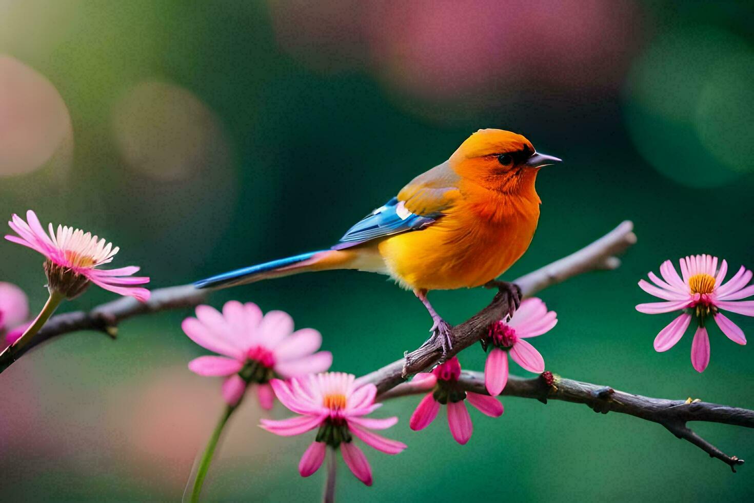 un vistoso pájaro se sienta en un rama con rosado flores generado por ai foto
